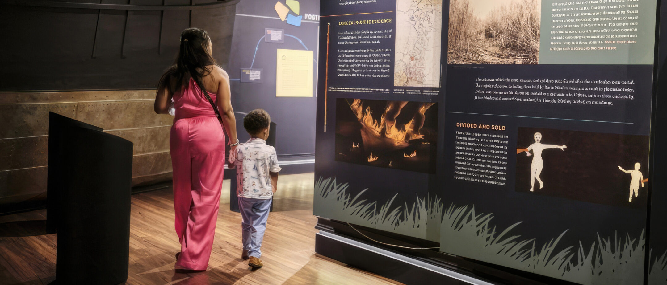 Mother and young son walking inside the Africa Town Heritage House